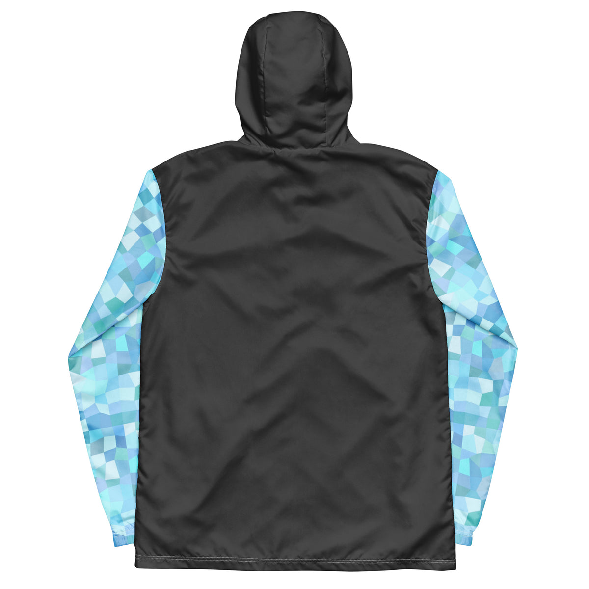 Gray back of jacket; sleeves have a light-blue geometric pattern.