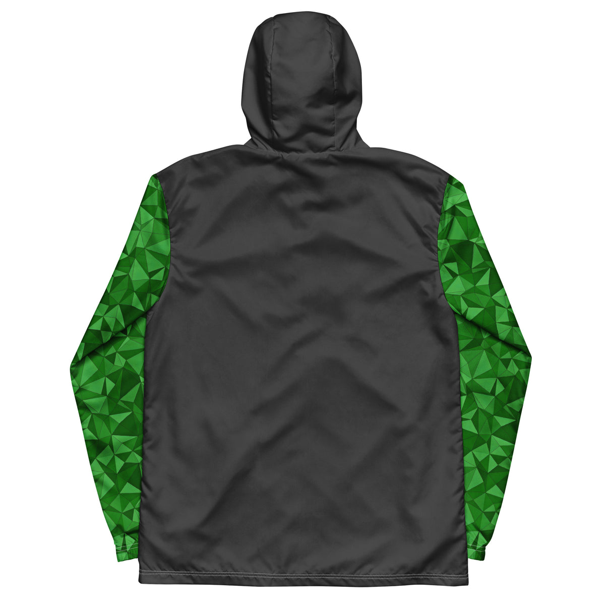 Gray back of windbreaker; sleeves have green geometric pattern.