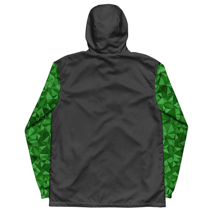 Gray back of windbreaker; sleeves have green geometric pattern.