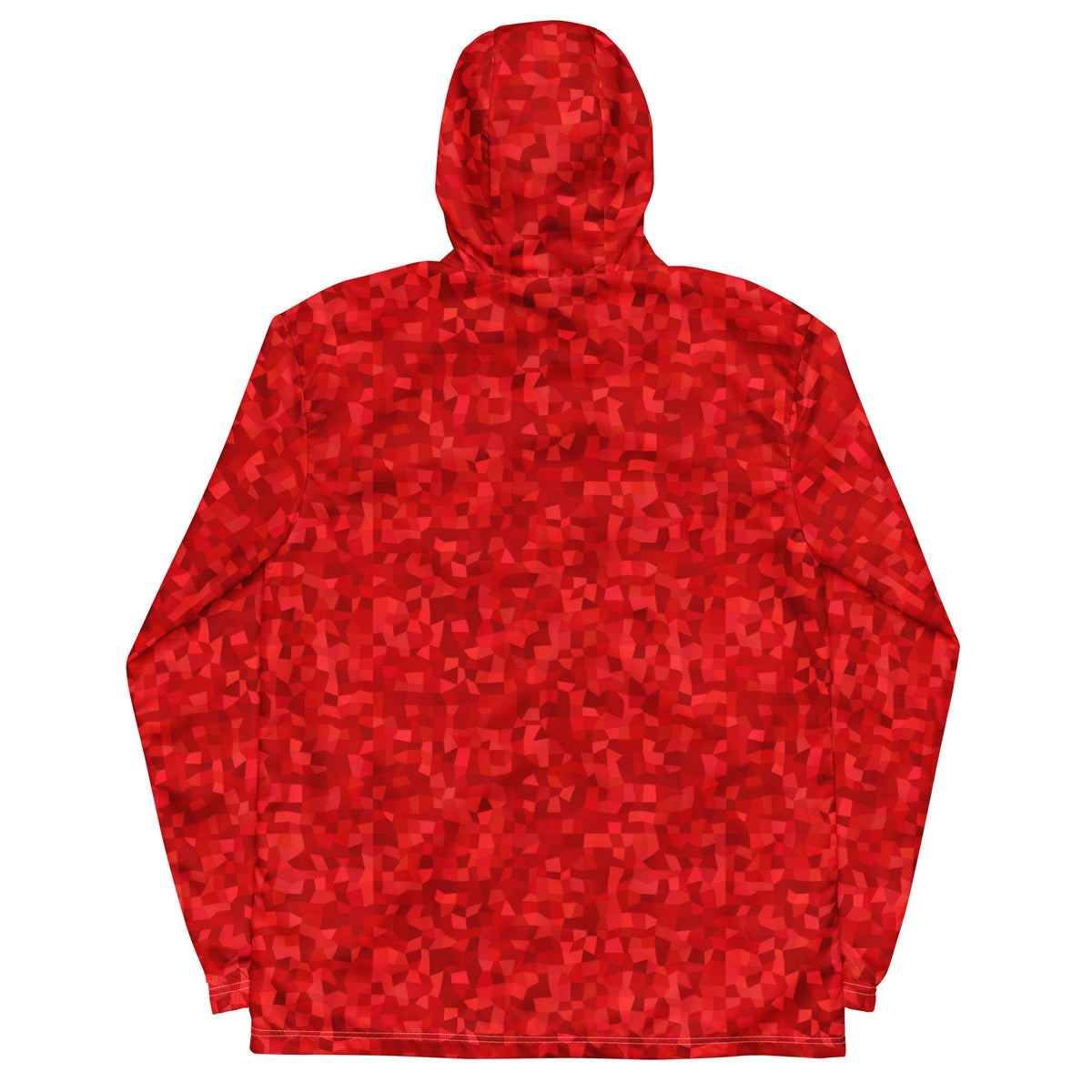 Windbreaker with red geometric pattern.