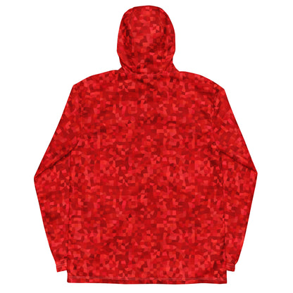 Windbreaker with red geometric pattern.