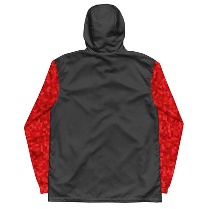 Gray back of windbreaker. Sleeves have red geometric pattern.