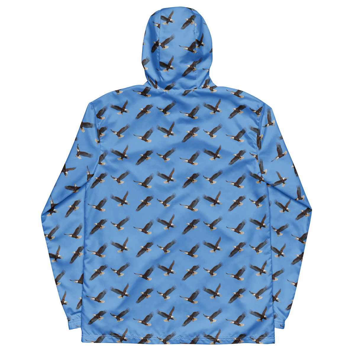 Blue jacket with pattern of bald eagles.