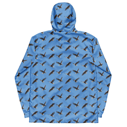 Blue jacket with pattern of bald eagles.