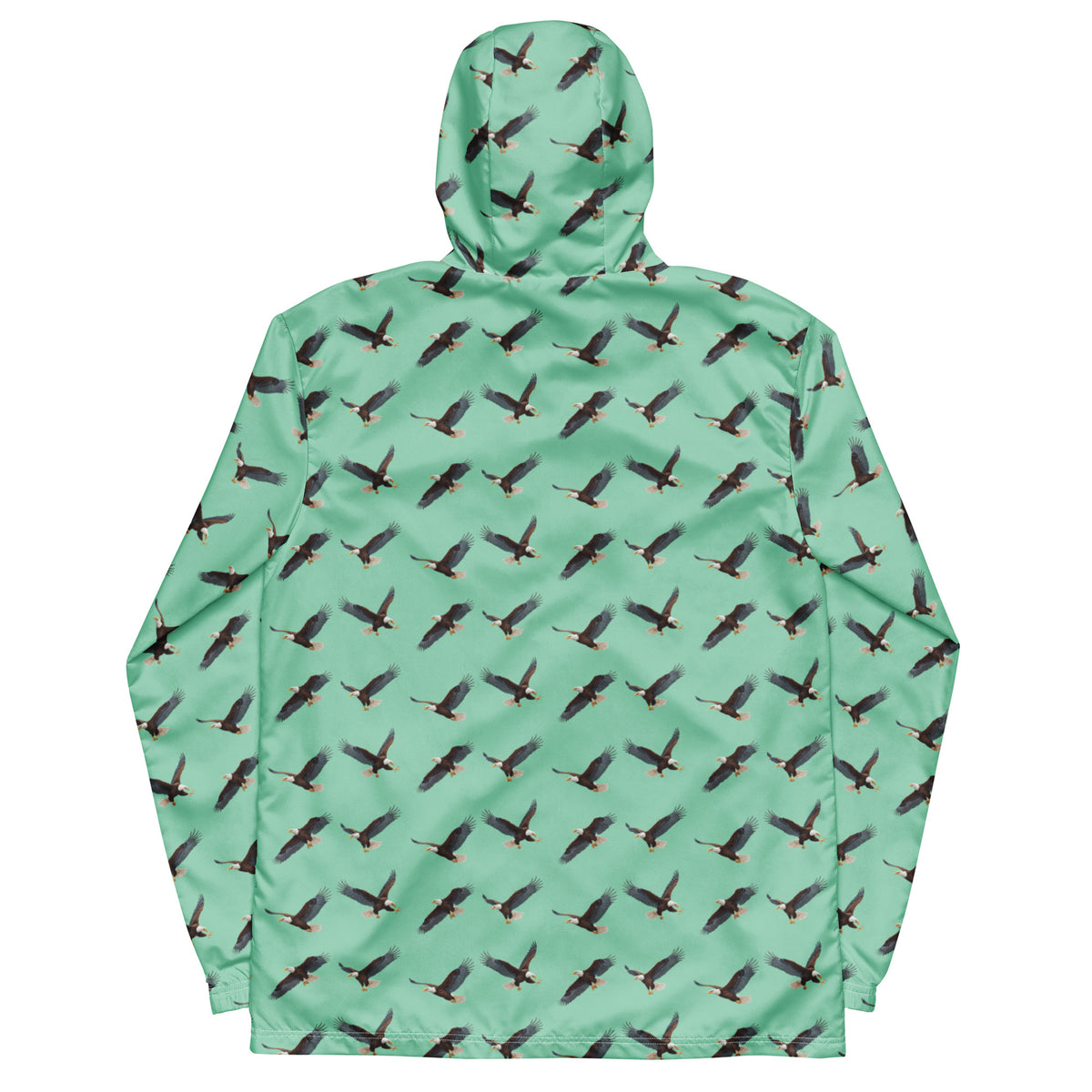 Green jacket with pattern of bald eagles.