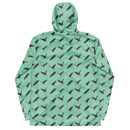 Green jacket with pattern of bald eagles.