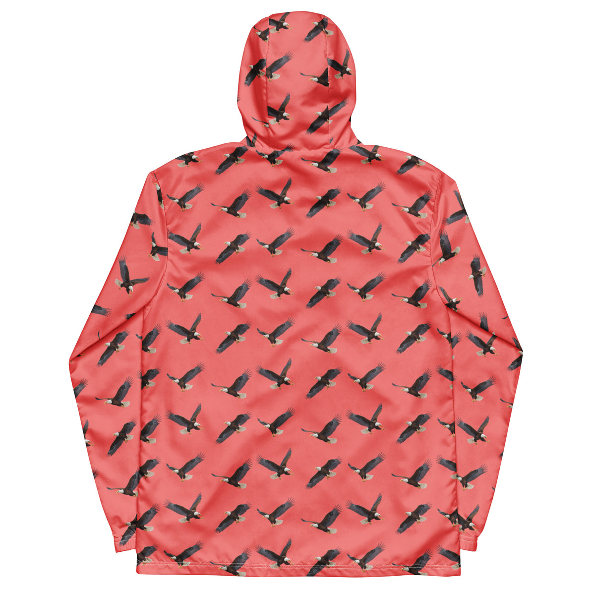 Red jacket with pattern of bald eagles.
