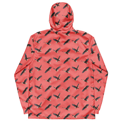 Red jacket with pattern of bald eagles.