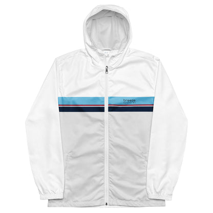 Jacket whose bottom 3/4 is light gray and top is white, separated by blue, red, white, and navy stripes.