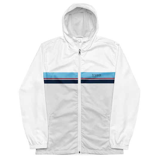 Jacket whose bottom 3/4 is light gray and top is white, separated by blue, red, white, and navy stripes.