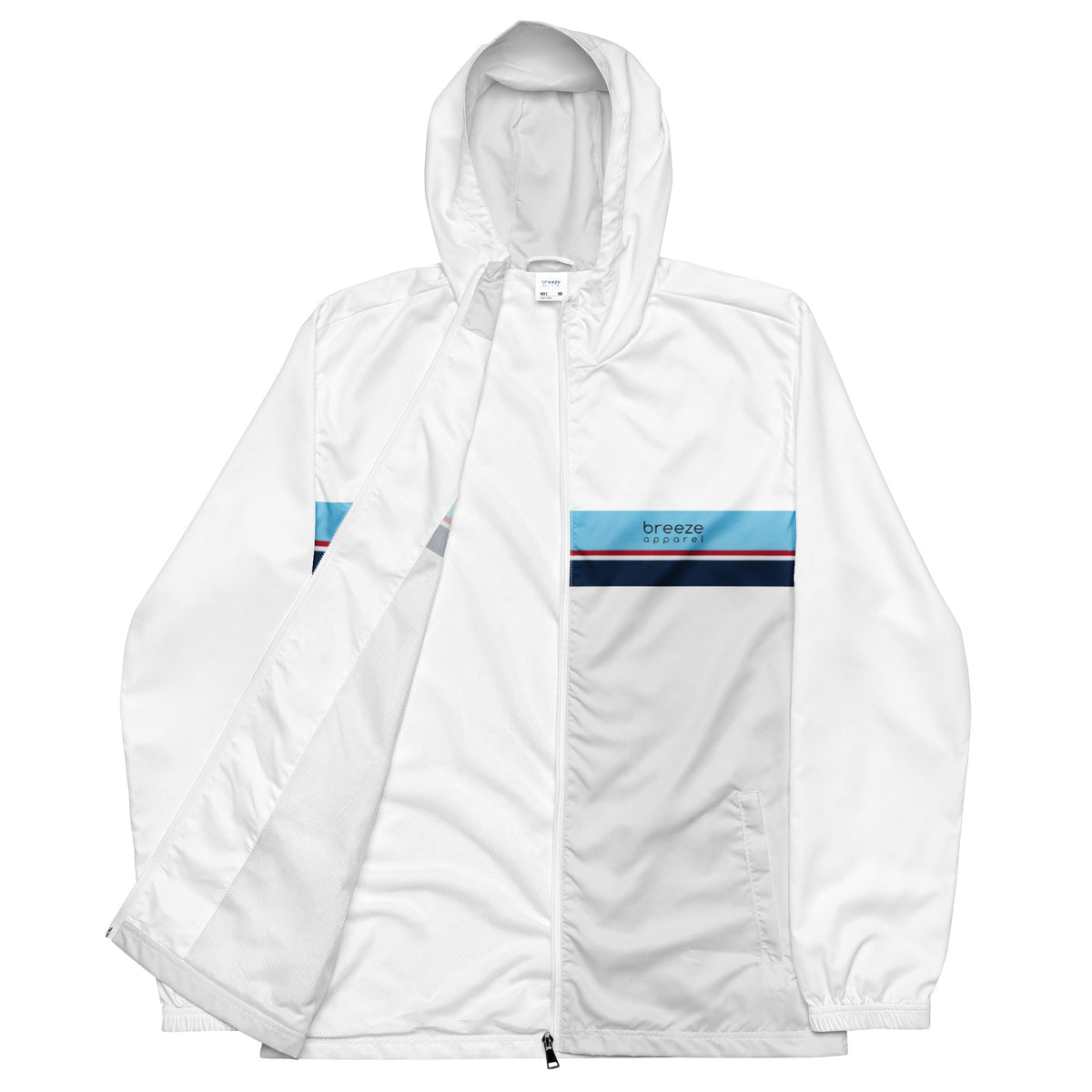 Jacket whose bottom 3/4 is light gray and top is white, separated by blue, red, white, and navy stripes.