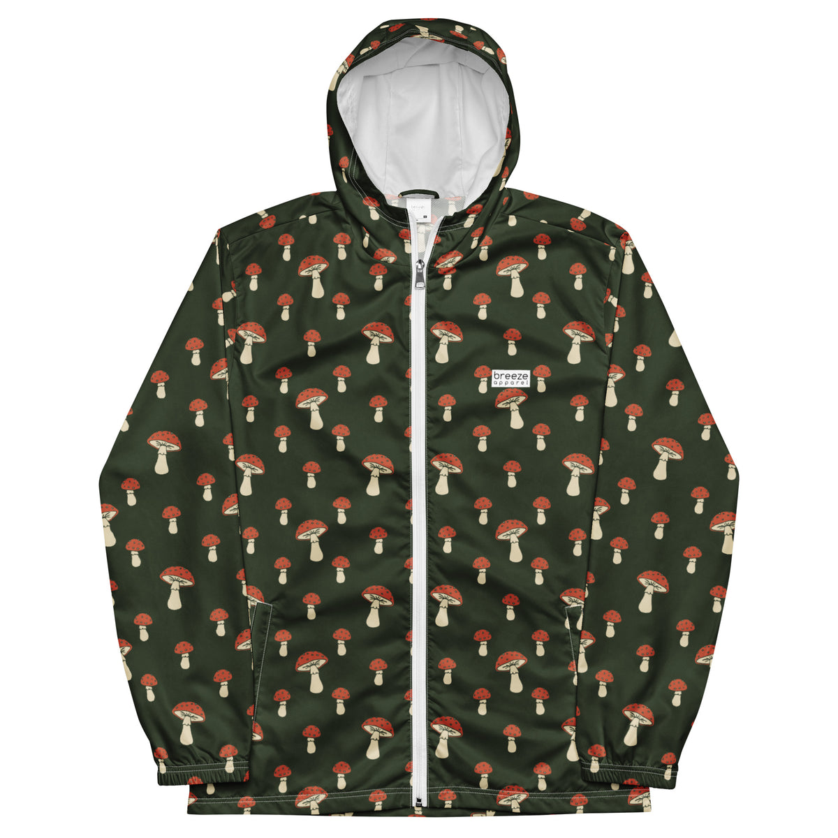 Jacket with pattern of mushrooms set on a green background.