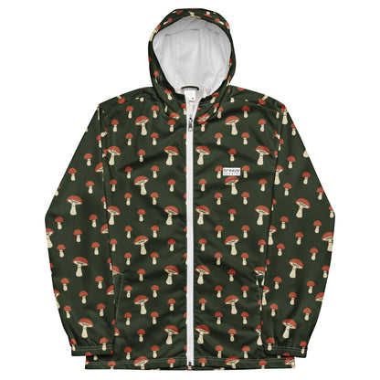 Jacket with pattern of mushrooms set on a green background.