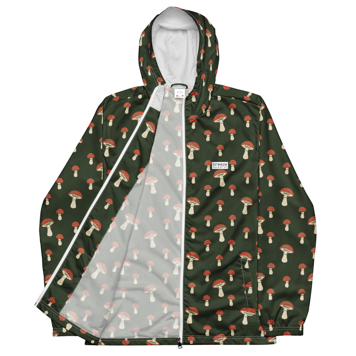 Jacket with pattern of mushrooms set on a green background.