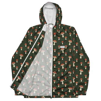 Jacket with pattern of mushrooms set on a green background.