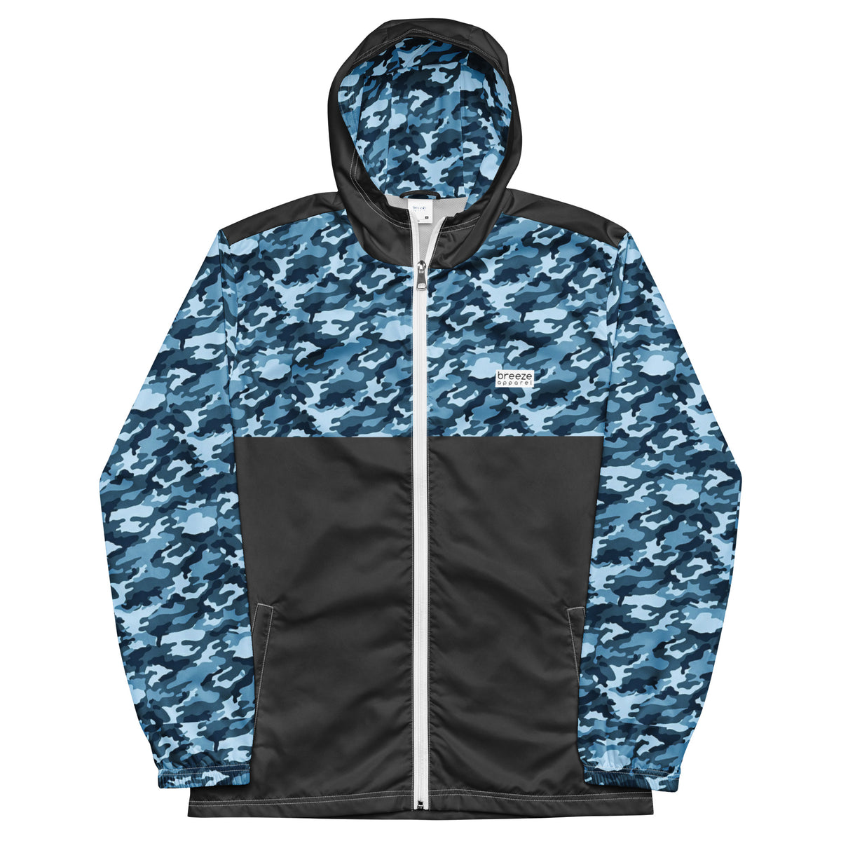 Jacket with navy camouflage pattern on top, hood interior, and sleeves; rest is gray.