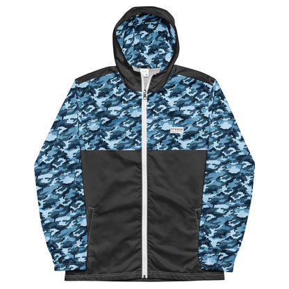 Jacket with navy camouflage pattern on top, hood interior, and sleeves; rest is gray.