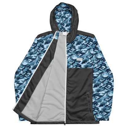 Jacket with navy camouflage pattern on top, hood interior, and sleeves; rest is gray.
