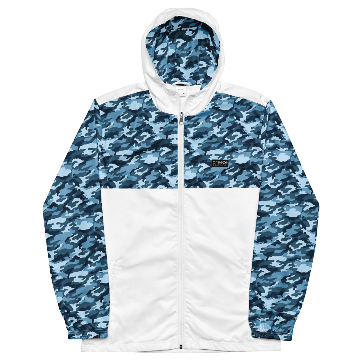 Jacket with navy camouflage pattern on top, sleeves, and hood interior; rest is white.
