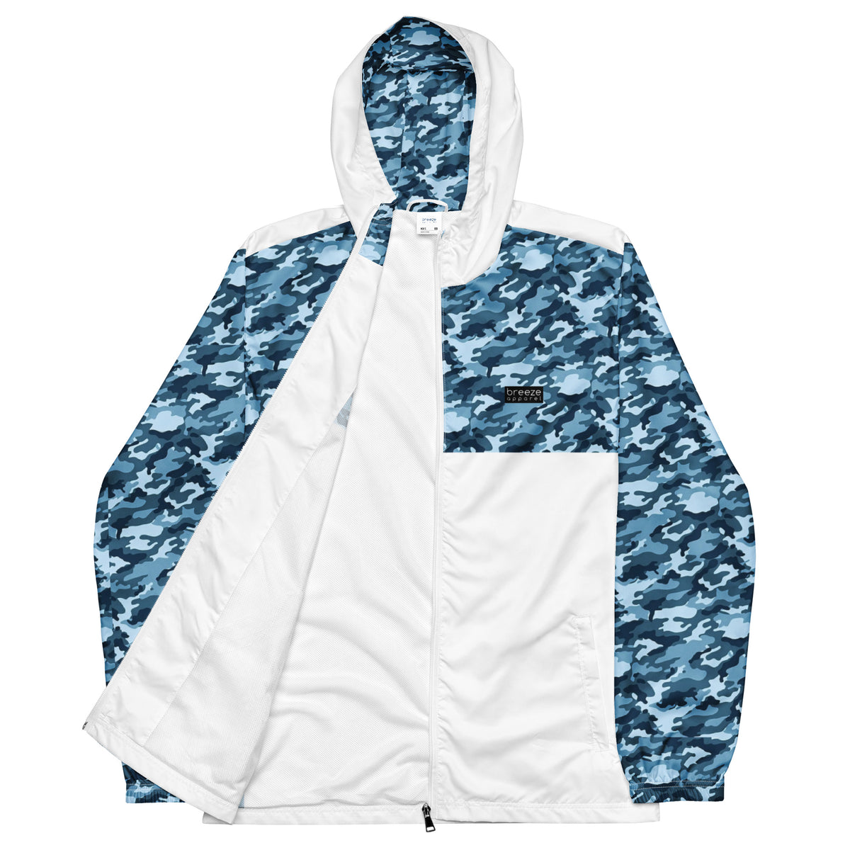 Jacket with navy camouflage pattern on top, sleeves, and hood interior; rest is white.