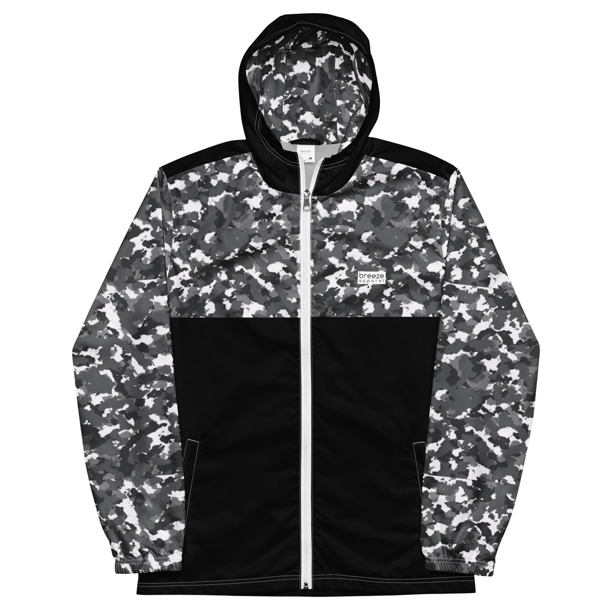 Jacket with black-gray-white camouflage pattern on sleeves, hood interior, and top; rest is black.