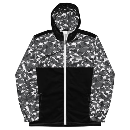 Jacket with black-gray-white camouflage pattern on sleeves, hood interior, and top; rest is black.
