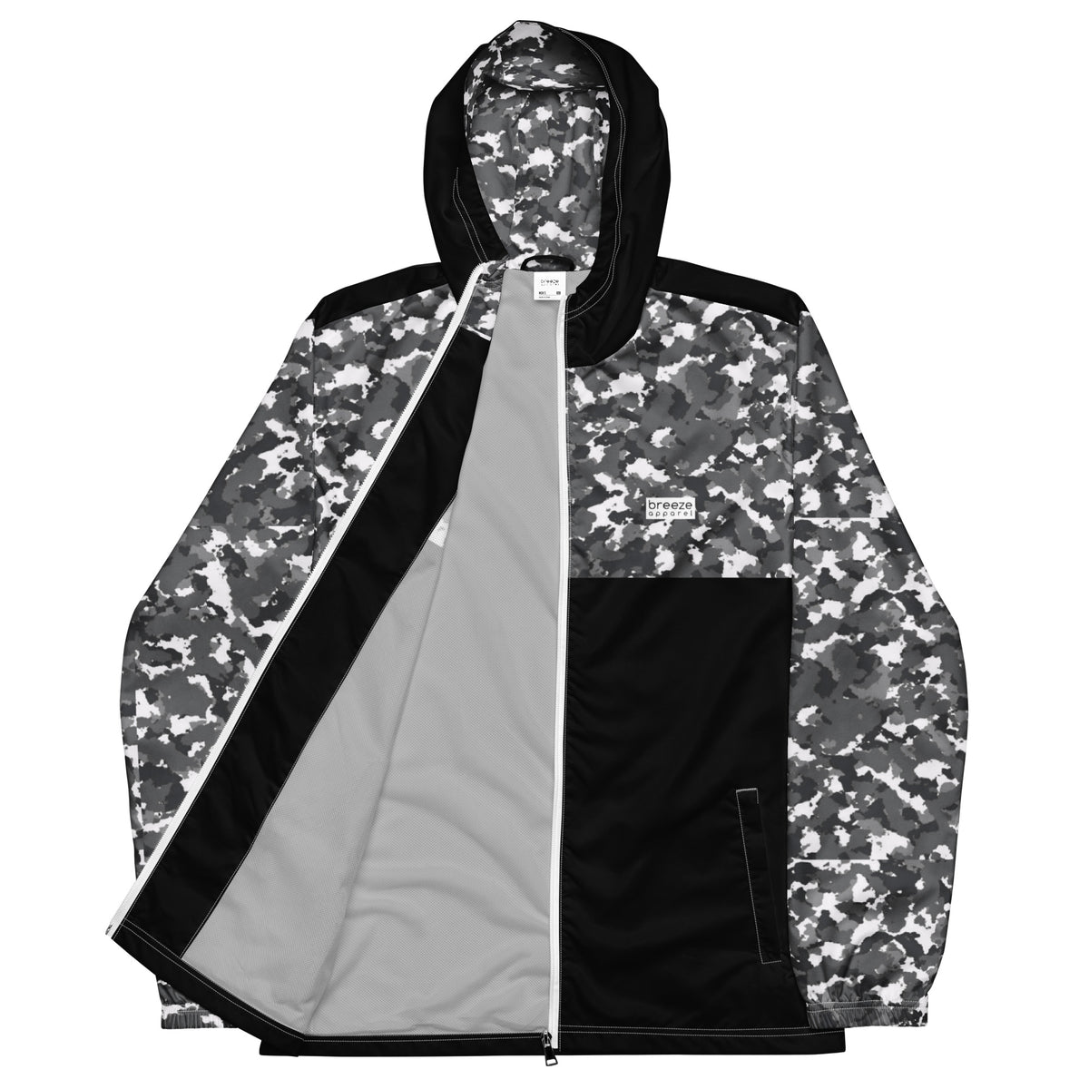 Jacket with black-gray-white camouflage pattern on sleeves, hood interior, and top; rest is black.