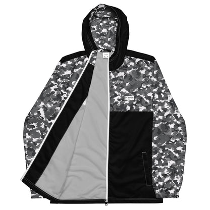 Jacket with black-gray-white camouflage pattern on sleeves, hood interior, and top; rest is black.