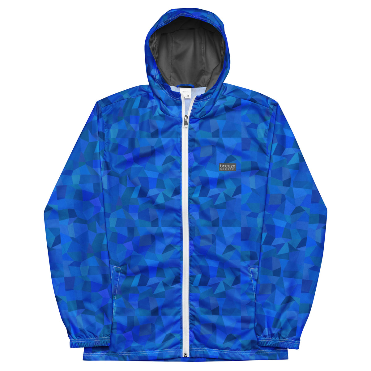 Jacket with blue geometric pattern.