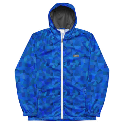 Jacket with blue geometric pattern.