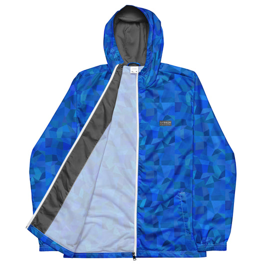 Jacket with blue geometric pattern.
