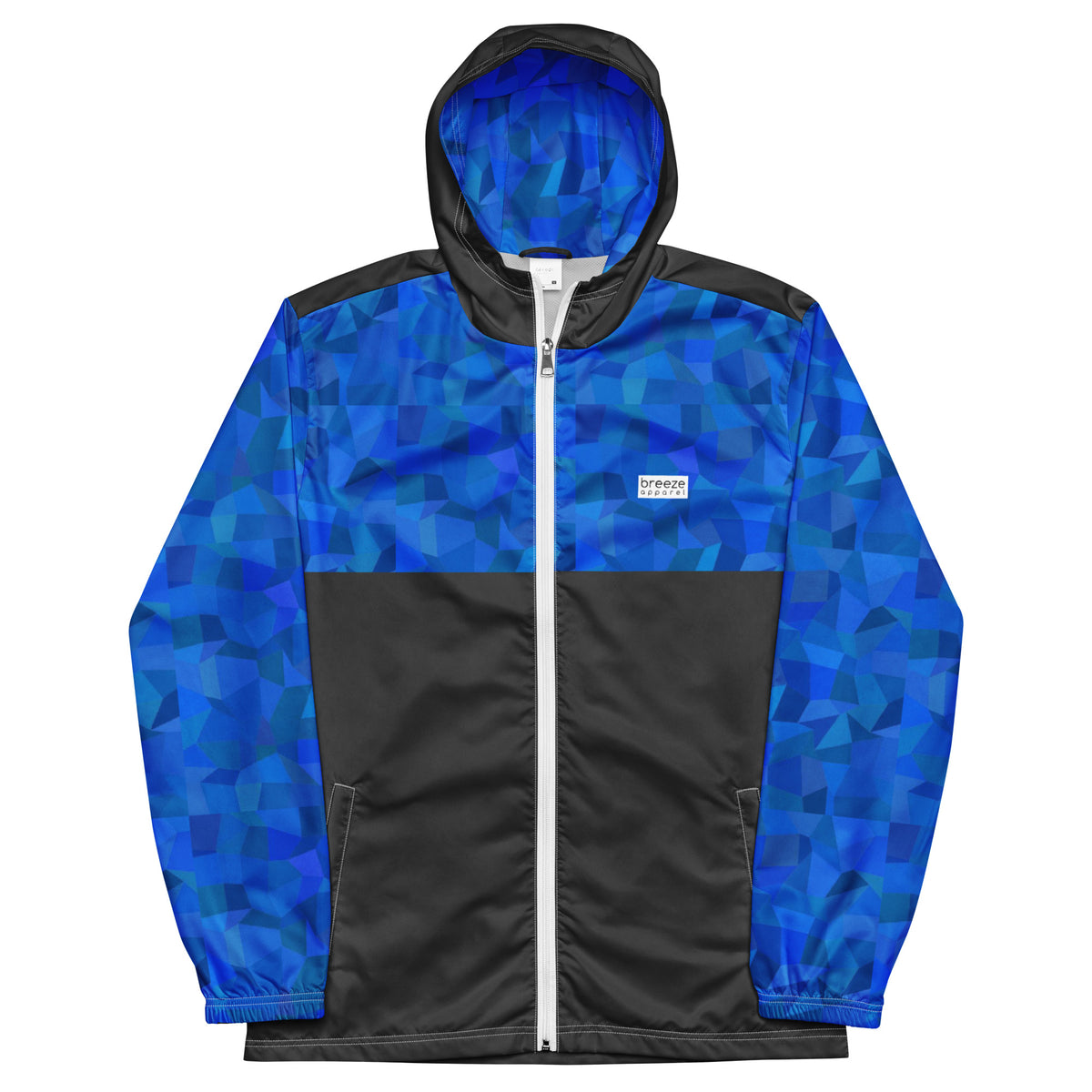 Jacket with blue geometric pattern on top, hood interior, and sleeves; rest is gray.