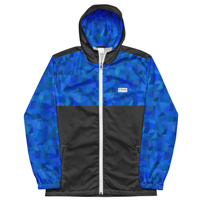 Jacket with blue geometric pattern on top, hood interior, and sleeves; rest is gray.