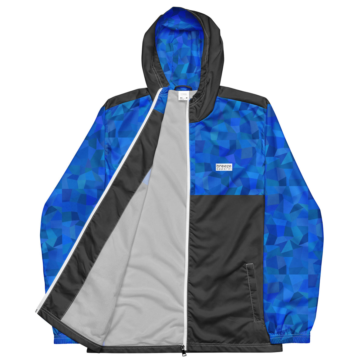 Jacket with blue geometric pattern on top, hood interior, and sleeves; rest is gray.