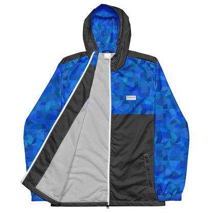 Jacket with blue geometric pattern on top, hood interior, and sleeves; rest is gray.