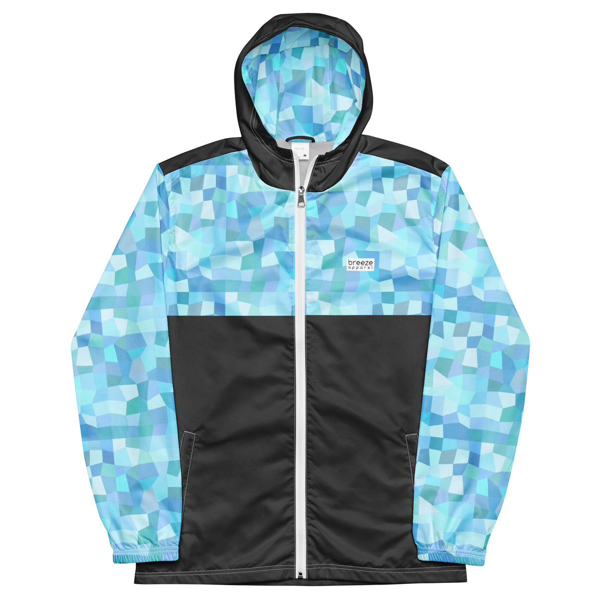 Jacket with light-blue geometric pattern on hood interior, top, and sleeves; rest is gray.