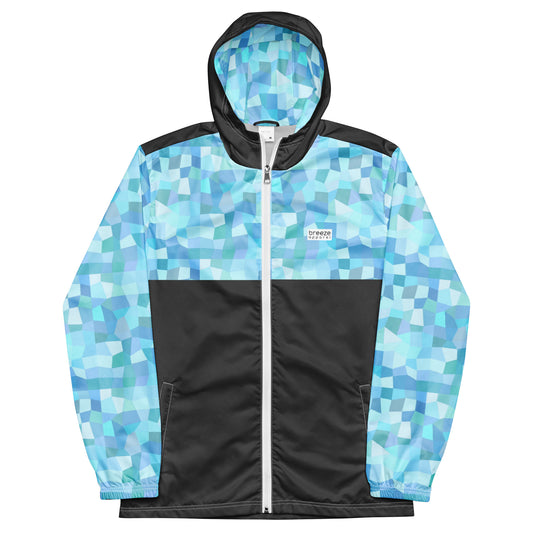 Jacket with light-blue geometric pattern on hood interior, top, and sleeves; rest is gray.