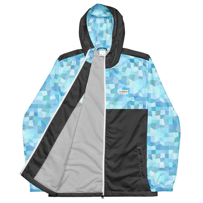 Jacket with light-blue geometric pattern on hood interior, top, and sleeves; rest is gray.