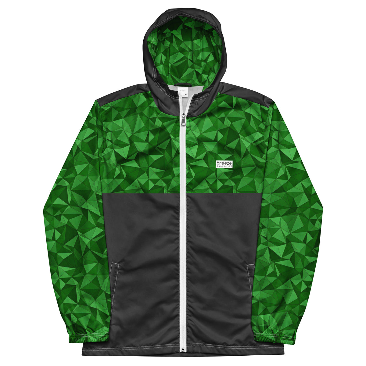 Windbreaker with green geometric pattern on top half, hood interior, and sleeves; rest is gray.