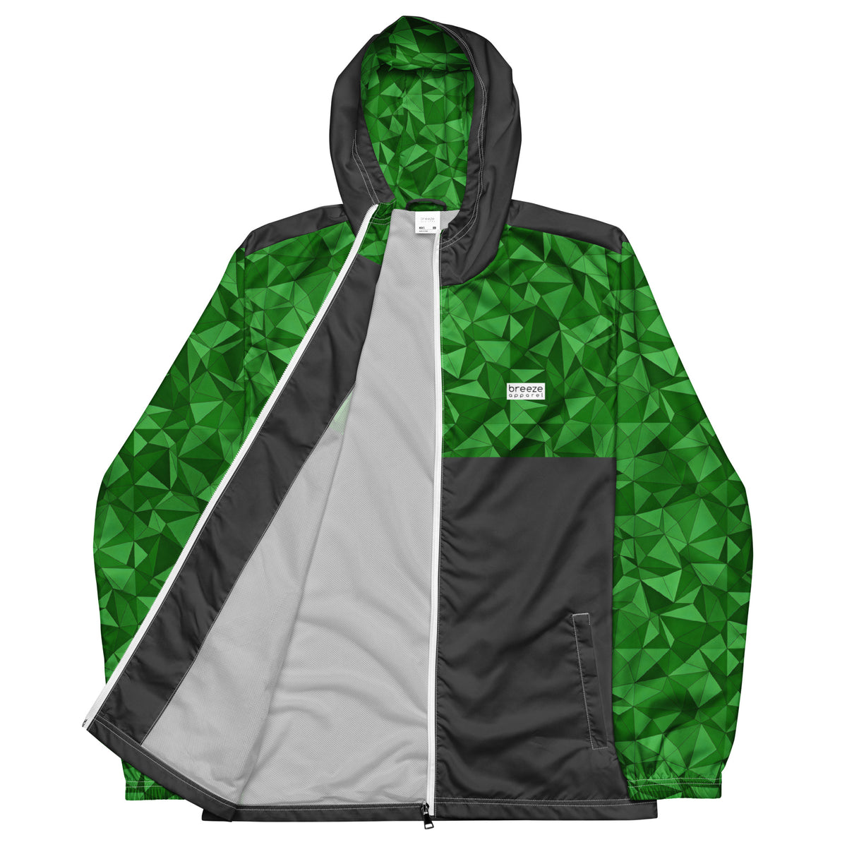 Windbreaker with green geometric pattern on top half, hood interior, and sleeves; rest is gray.