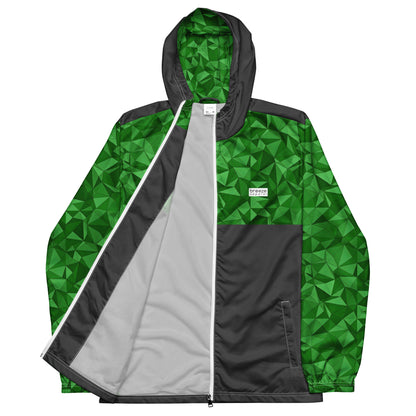 Windbreaker with green geometric pattern on top half, hood interior, and sleeves; rest is gray.