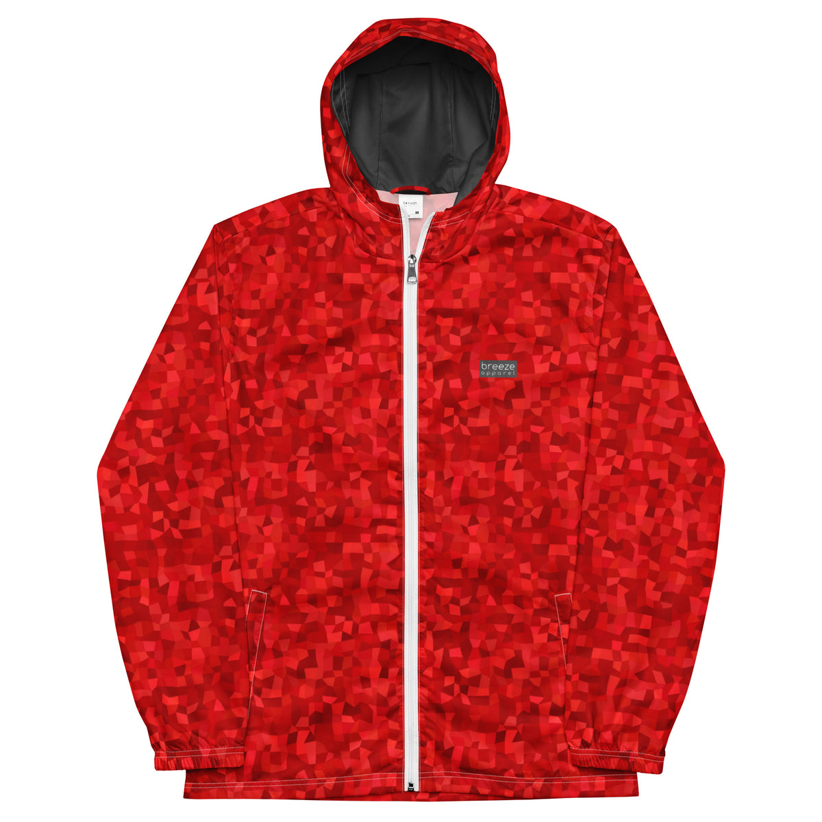 Windbreaker with red geometric pattern.
