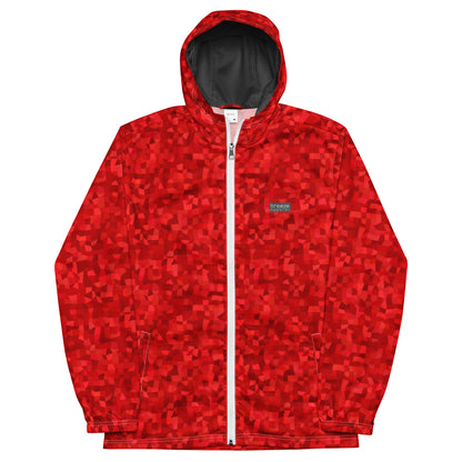 Windbreaker with red geometric pattern.