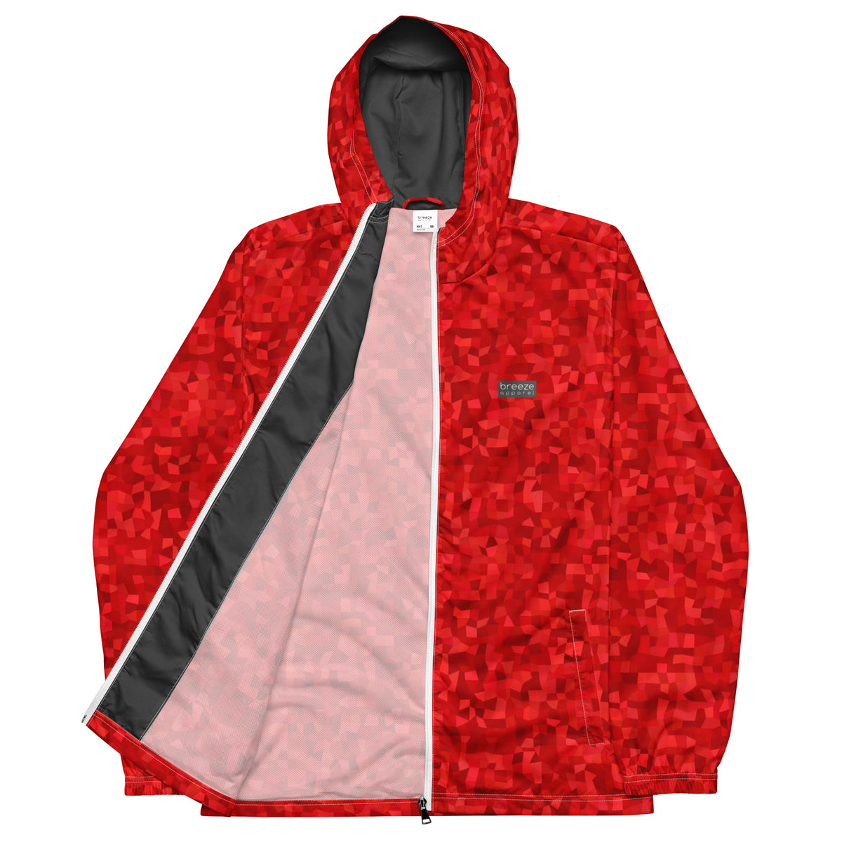 Windbreaker with red geometric pattern.