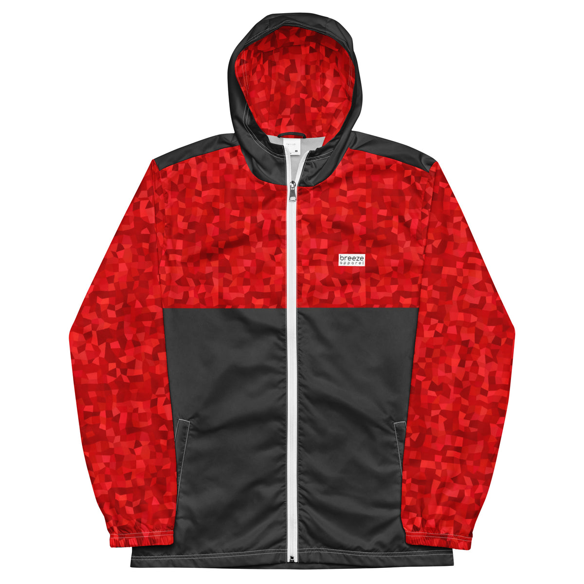 Windbreaker with red geometric pattern on top half, hood interior, and sleeves; rest is gray.
