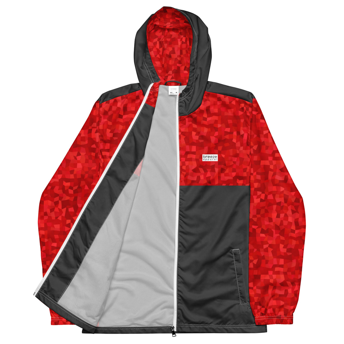 Windbreaker with red geometric pattern on top half, hood interior, and sleeves; rest is gray.