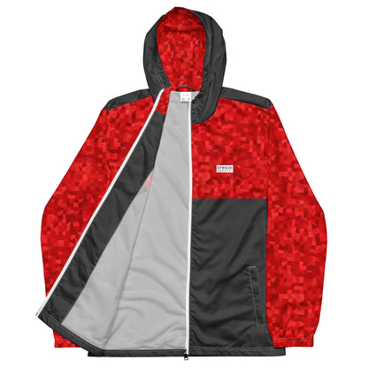 Windbreaker with red geometric pattern on top half, hood interior, and sleeves; rest is gray.