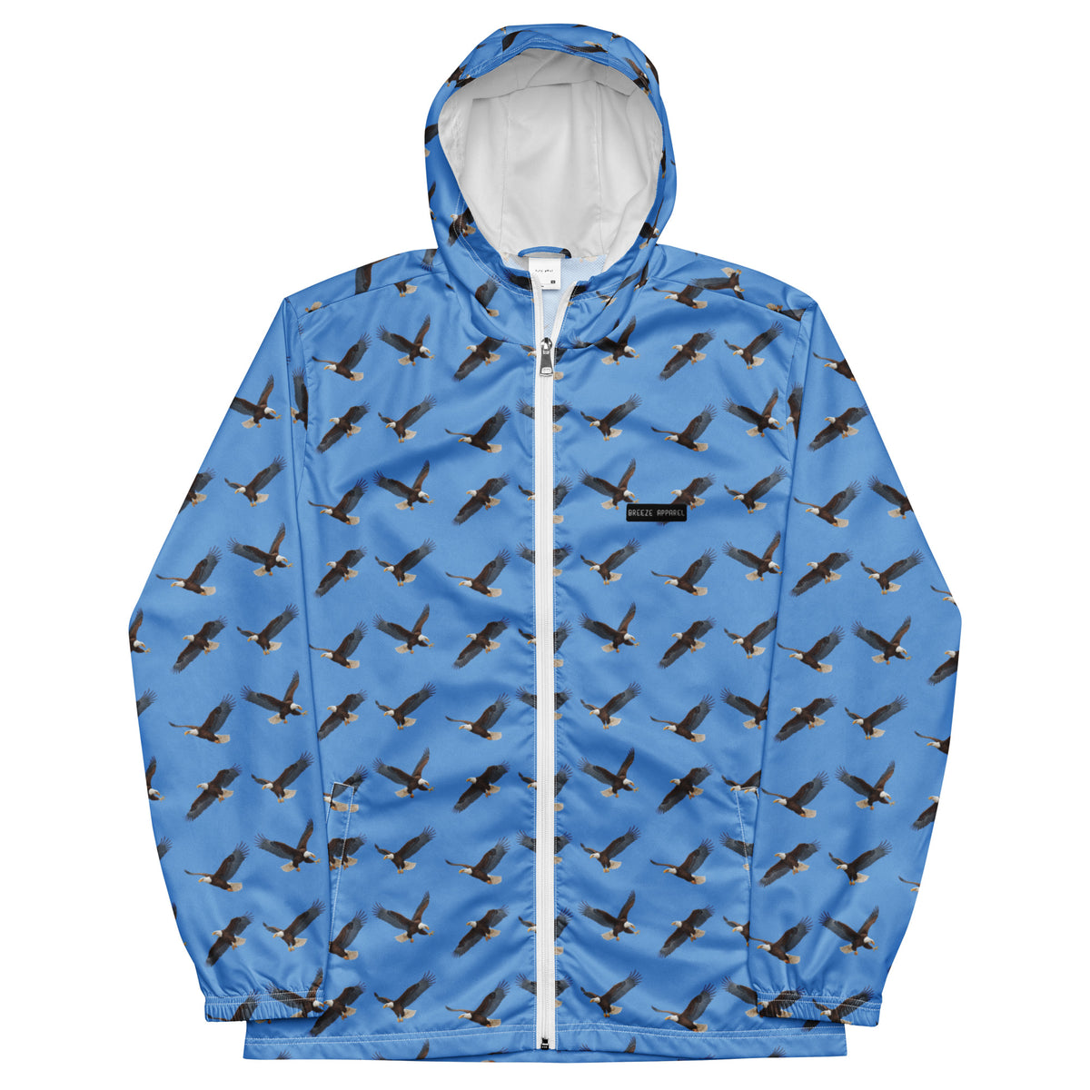 Blue jacket with pattern of bald eagles.