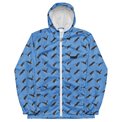 Blue jacket with pattern of bald eagles.