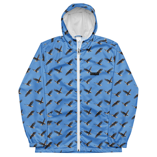 Blue jacket with pattern of bald eagles.
